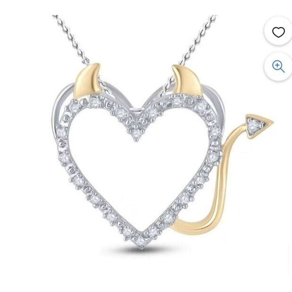 Sterling Silver 1/20 Ct Diamond Heart Devil Horns 14k Rose Gold Pendant Necklace